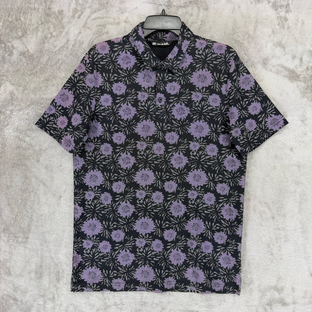 TravisMathew Polo Shirt Mens L Purple Floral Black Short Sleeve EUC